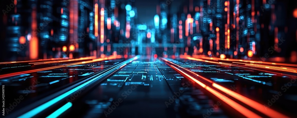 Poster Web based training online idea. Futuristic digital landscape with glowing lines and circuitry in vibrant colors.