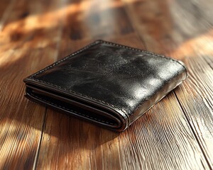 Black leather wallet on wooden surface.