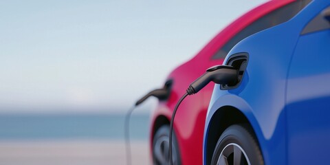 Two electric cars, one red and one blue, are parked side by side, connected to charging stations against a serene background.