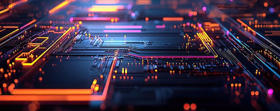 Web based training online idea. Vibrant abstract close-up of a modern circuit board with colorful lights.
