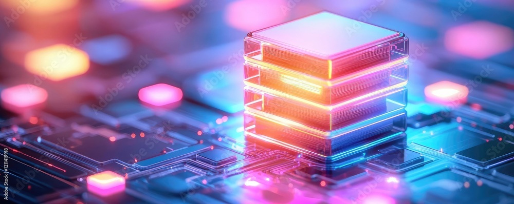 Poster Educational platform online idea. Futuristic digital data storage with vibrant glowing elements representing technology.