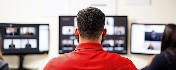 Digital education online concept. Focused individual engaging in online meetings with multiple screens in a modern office.