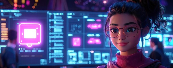 Naklejka premium Web based training online idea. A young woman with glasses stands confidently in a high-tech workspace.