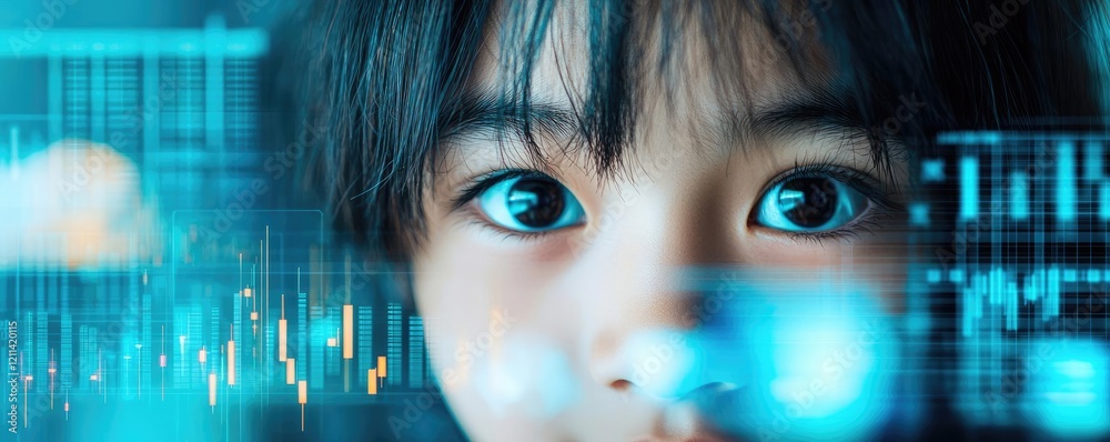 Poster digital education online concept. a boy's expressive eyes reflecting digital data and technology con