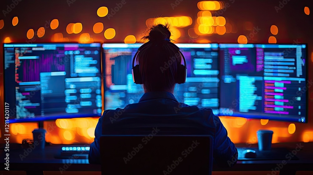 Poster Web based training online idea. A programmer working late at night with multiple screens and colorful code displays.