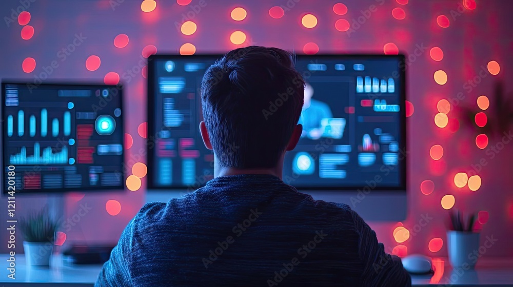 Poster Web based training online idea. A person working on computers surrounded by colorful lights and data visualizations.