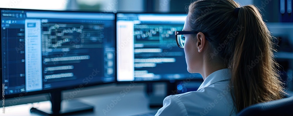 Poster Web based training online idea. Focused professional analyzing data on dual computer screens in a modern workspace.