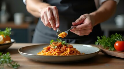 Chef Carefully Twirling Spaghetti with Prawns, Tomato Sauce, and Parsley Garnish, Close-Up, Soft Light, Kitchen Counter, Blurred Background, Natural Light, Warm Color Tone, Food Photography