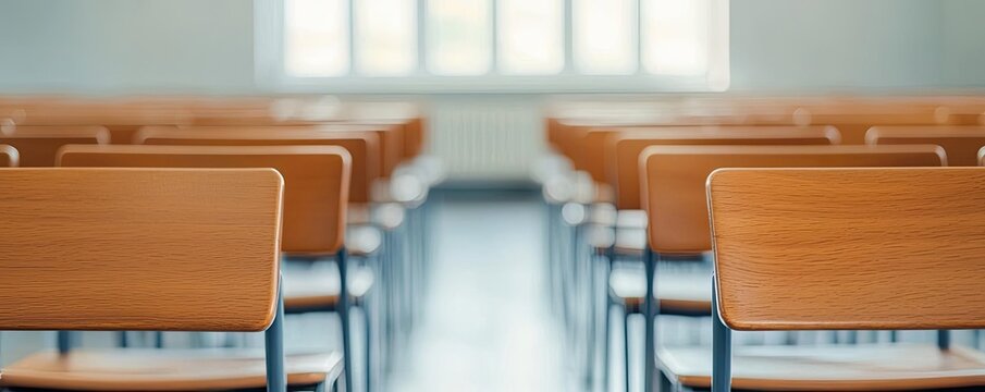 Web based training online idea. Empty classroom with wooden chairs and bright windows, ideal for educational themes.
