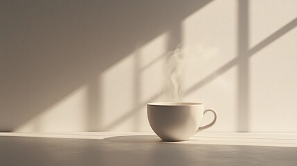 Obraz premium Steaming coffee cup in sunlit room.