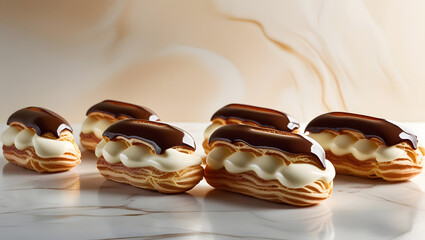 Golden-brown eclairs with glossy chocolate glaze and creamy filling, arranged on a white marble counter, evoking elegance and indulgence.