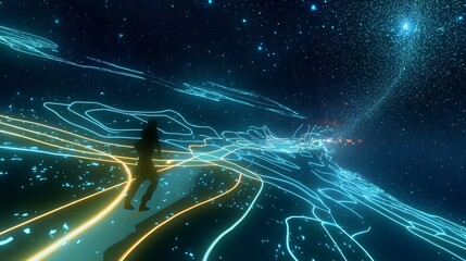 A man is walking on a path in a space filled with stars