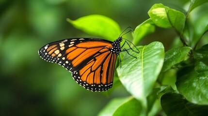 Obraz premium Monarch butterfly on green leaf in sunlight. Ideal for wildlife photography, nature studies, and environmental themes.