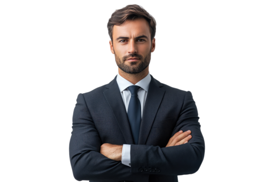 Businessman with crossed arms isolated on white or transparent, PNG