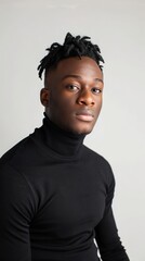 Fototapeta premium Young african male with short dreadlocks in black turtleneck portrait