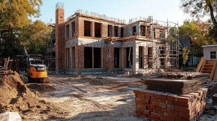 Fototapeta premium A new house under construction with brick walls in progress, surrounded by tools, materials, and a dirt-covered building site.