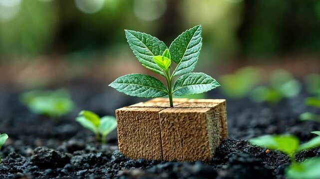 Seedling Growth: A vibrant young plant sprouts from a coco coir block in rich soil, symbolizing new beginnings, growth, and environmental sustainability.  The focus is sharp.