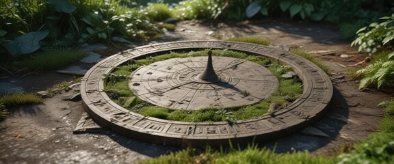 A low-angle shot of an ancient sundial lying on the ground, with vines and moss covering it, abandoned artifact, rusty details, ancient technology