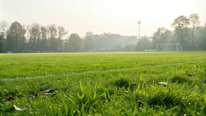 A lush green soccer field with a soft grassy background, featuring a few scattered blades of grass and a subtle gradient effect, sporty, landscape