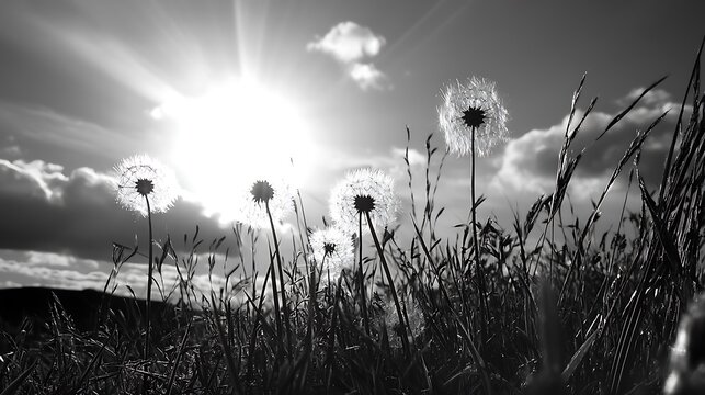 A field of dandelions with the sun shining on them - Powered by Adobe