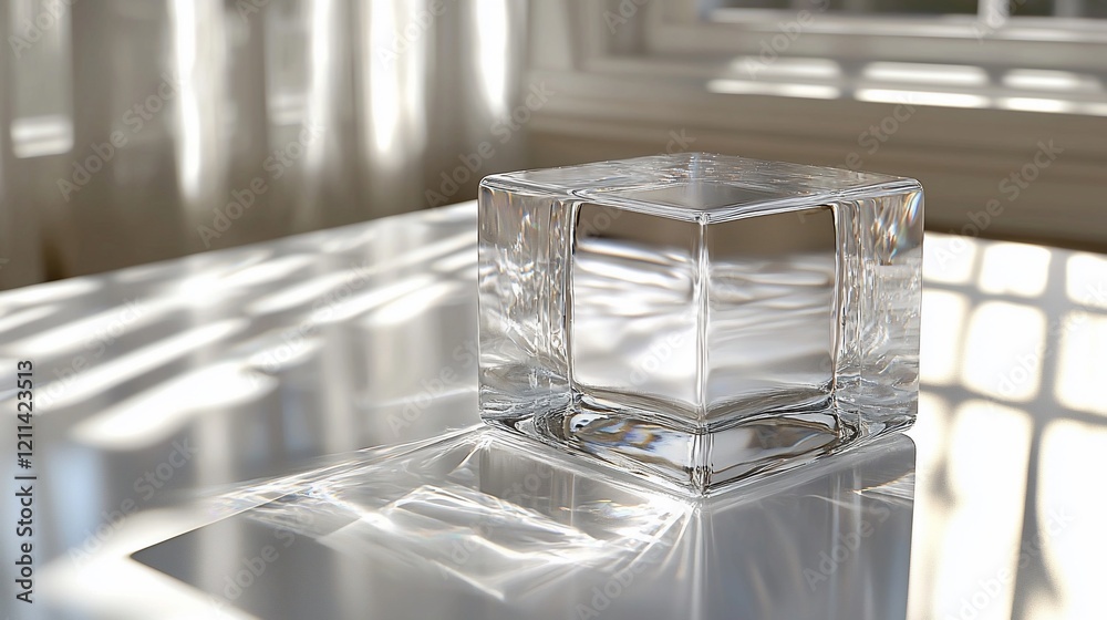 Poster crystal cube on table in sunlight.