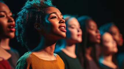 Fototapeta premium Women Singing Together in Harmony on a Dark Stage with Spotlight