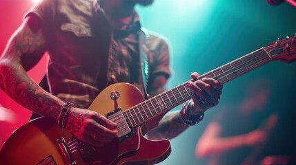 Obraz premium A vibrant image of a tattooed musician playing guitar on stage, the ink peeking through their shirt sleeves