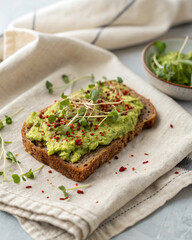 Delicious Avocado Spread on Whole Grain Bread with Microgreens