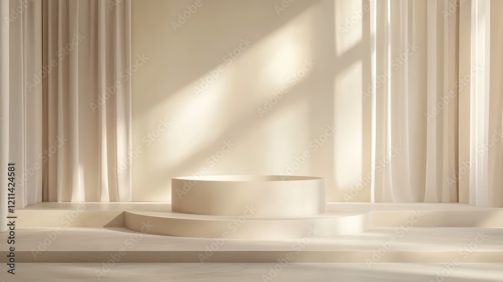 Poster minimalist cream platform display with sunlight and drapes.
