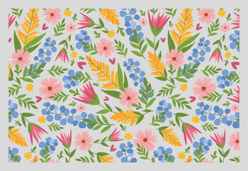 Vector illustration with floral art print. Seamless pattern with flowers and twigs. Vector illustration in flat style