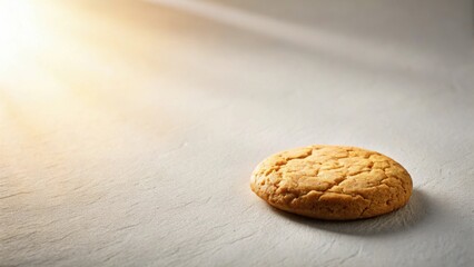 A single, golden-brown cookie rests on a textured surface, bathed in soft sunlight.