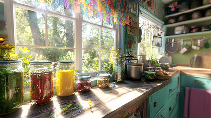 Obraz premium vibrant home canning kitchen filled with colorful jars and fresh herbs, showcasing sunny atmosphere and cozy, inviting space