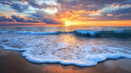 Obraz premium Ocean waves at golden sunset with dramatic sky. Perfect for travel inspiration, wellness retreats, or natural beauty photography.