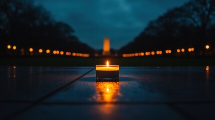 A solitary candle flame illuminates a war memorial at night casting reflections on the surface
