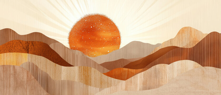 Stylized sunrise over abstract mountains in warm tones of orange and beige, creating serene and uplifting atmosphere. Perfect for modern decor or artistic projects