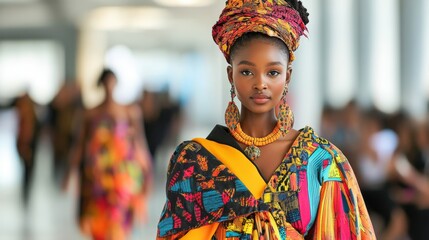 Fototapeta premium A vibrant image of a young woman of color confidently walking down a runway, showcasing traditional attire