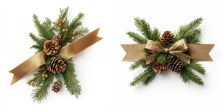 Festive arrangement of pine branches, cones, and gold ribbon accents