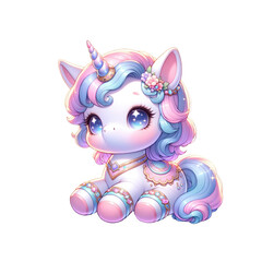A cute, whimsical unicorn character with pastel colors and a charming expression, perfect for children's themes and designs.