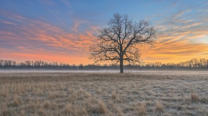 Solitary tree in misty winter field at dawn. Suitable for nature photography, environmental themes, or peaceful concepts.