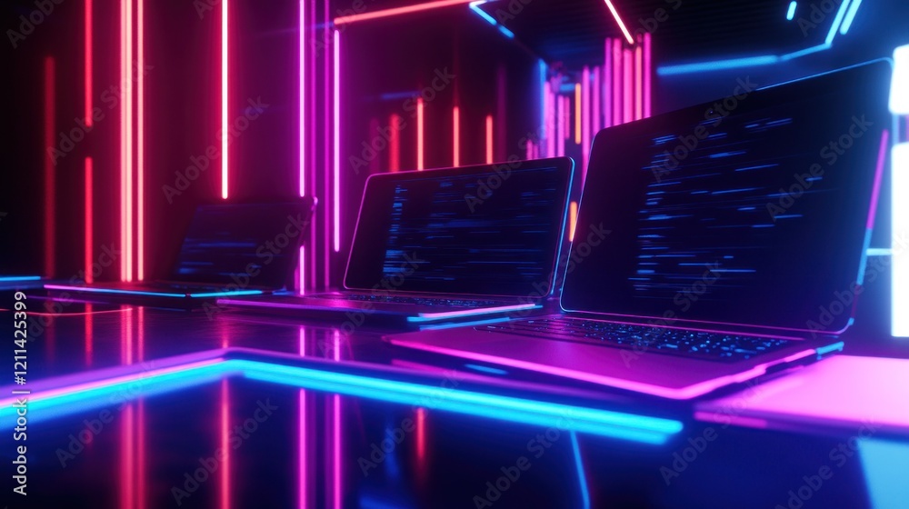 Poster neon-lit laptops displaying code in a futuristic setting
