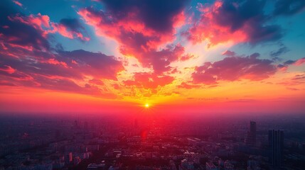 Breathtaking sunset over a sprawling cityscape with vibrant colors illuminating the skyline