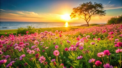 Obraz premium Serene Sunset over a Vibrant Field of Blossoming Flowers near the Ocean