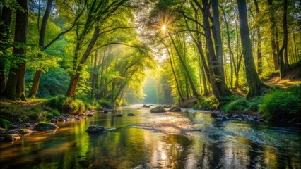 Fototapeta premium A peaceful river flowing through a dense thicket of trees with the sunlight filtering through the leaves and casting dappled shadows on the forest floor, landscape, natural
