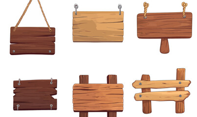 Naklejka premium Rustic Wooden Signboards Set: Hanging Planks and Fence Panels for UI Game Design