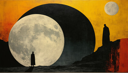 A silhouette of a person standing in front of a large moon.