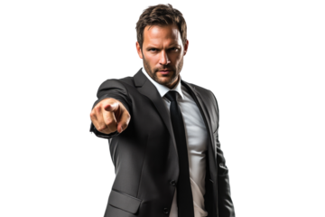 Businessman pointing with engaging gesture isolated on white or transparent, PNG