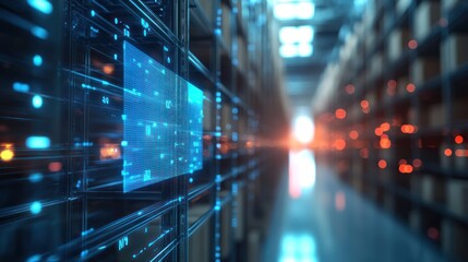 Obraz premium Data Center Server Room With Holographic Display