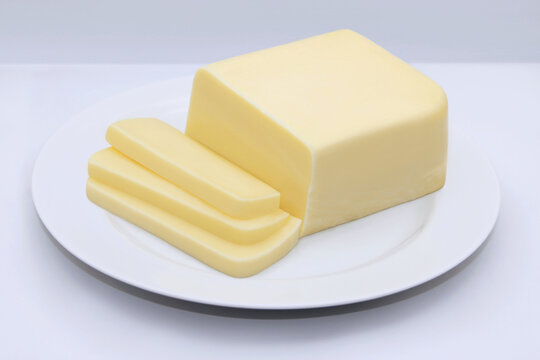 CHEESE BAR ON SLICED PLATE ON LIGHT BACKGROUND ISOLATED