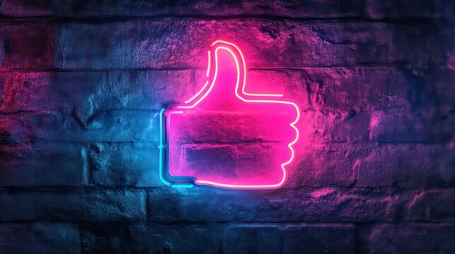 Neon thumbs up sign on brick wall.