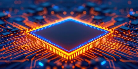 Ransomware Protection Concepts. Futuristic microchip with glowing circuits on a blue background.